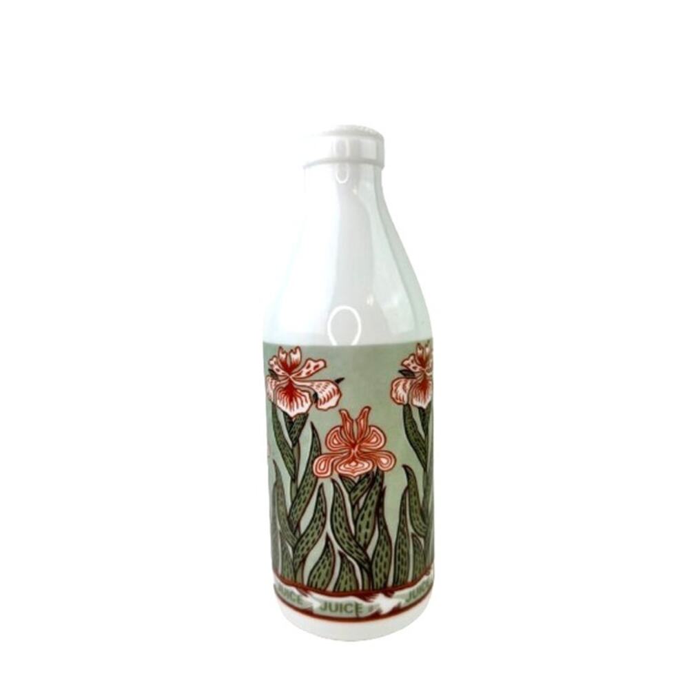 Vintage Egizia Italy White Green Juice Bottle Milk Glass Daffodil Iris Flowers